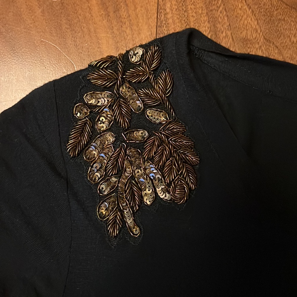 Club Monaco t shirt with beaded and sequined shoulder embellishment